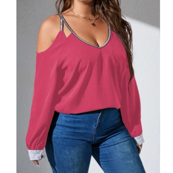 Plus size black contrast trim cold shoulder blouse - Picture 6 of 12
